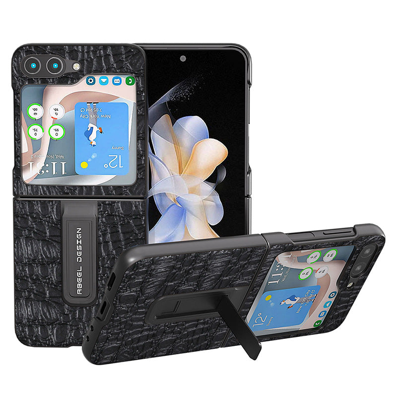 ABEEL For Samsung Galaxy Z Flip5 5G Kickstand Back Cover Genuine Cow Leather PC Canopy Texture Phone Case ABEEL For Samsung Galaxy Z Flip5 5G Kickstand Back Cover Genuine Cow Leather PC Canopy Texture Phone Case